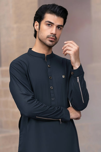 Metallic zips Kurta Trouser--Navy