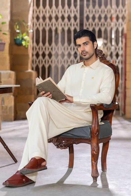Boski gol gehra collar kurta with golden button, 1.5cm logo & farshi shalwar Collar