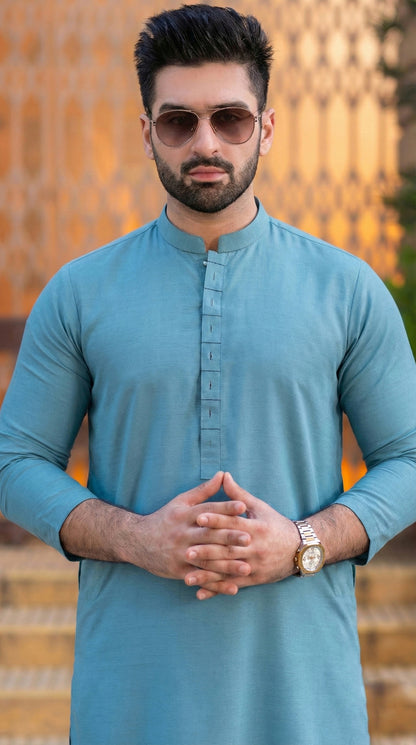 Sea-blue with silver contrast stitch & box patti ban