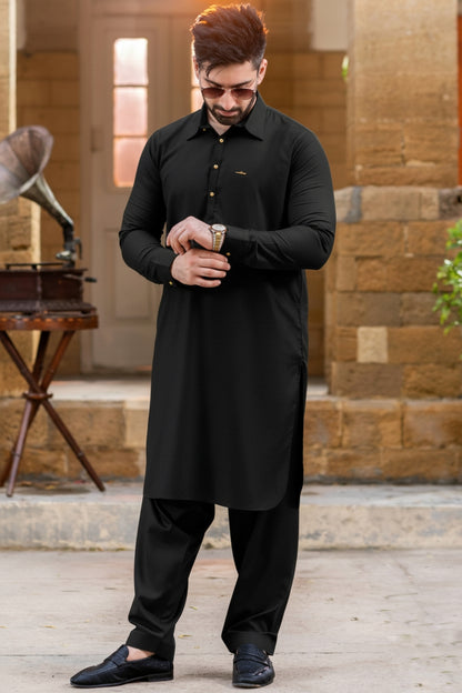 Black with gol gehra wide french collar & desing golden snap button, badge logo signature Collar