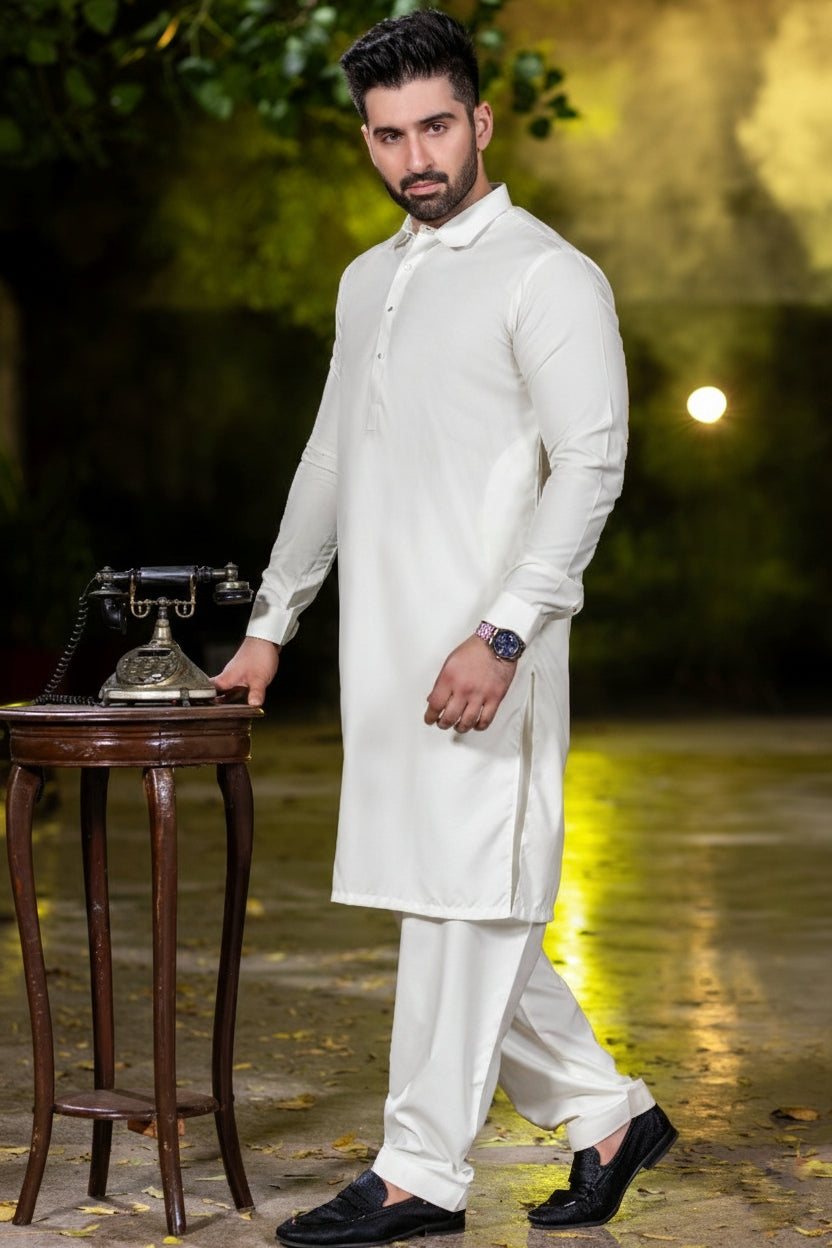 Stitched Diamond Collar Shalwar Kameez Suit - Egg white