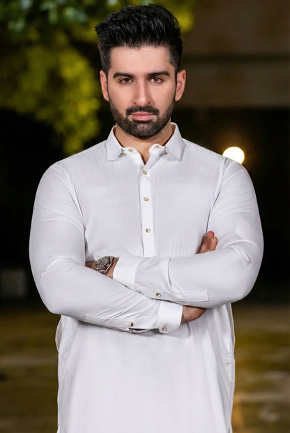 Stitched Diamond Collar Shalwar Kameez Suit - Egg white