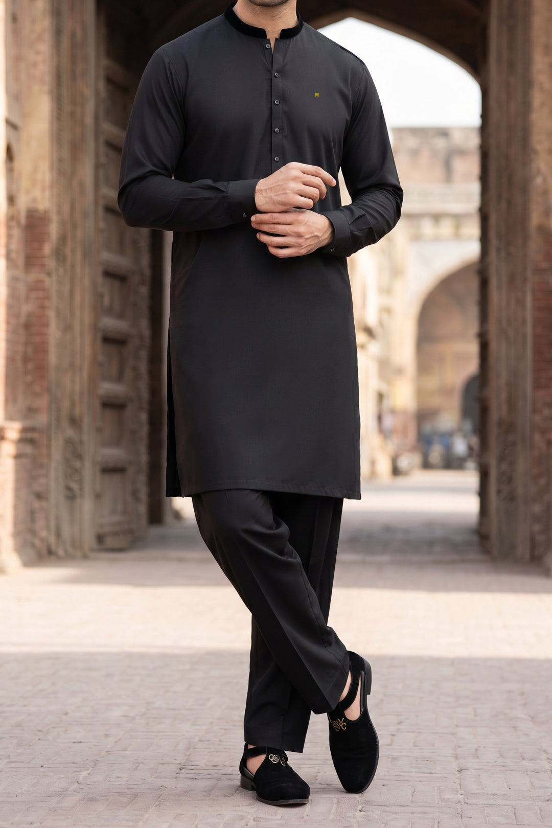 Stitched Velour Ban Kurta Trouser-Black