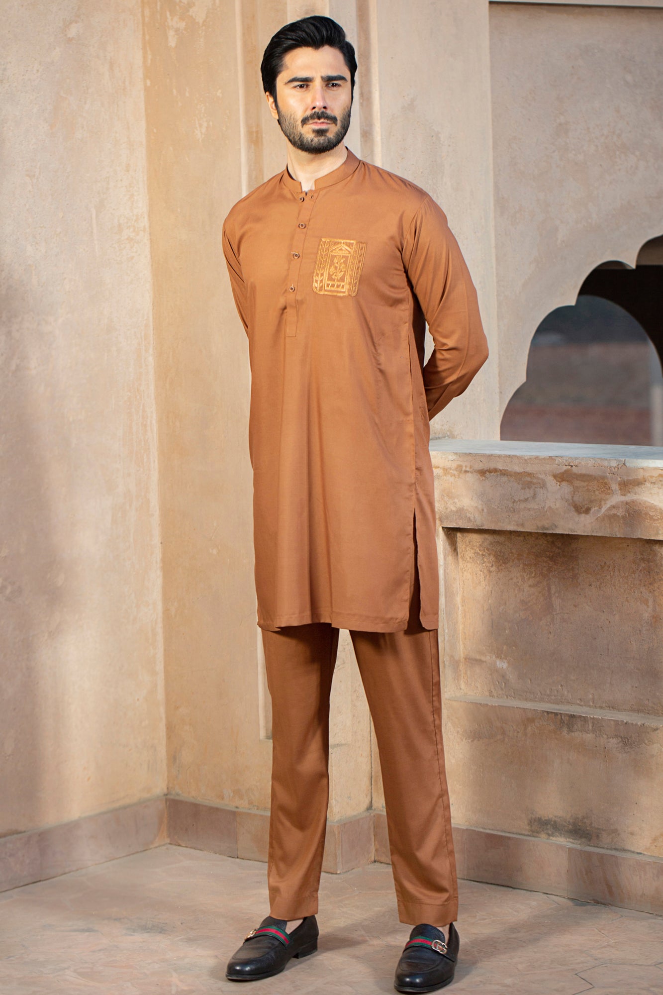 FESTIVE COLLECTION STITCHED POCKET EMBROIDERY SUIT - Camel