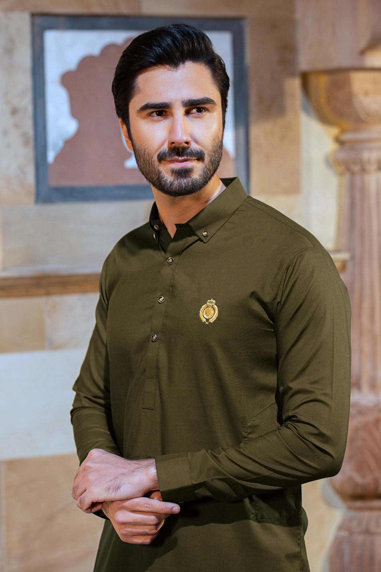 GOLD MOTIF FORMAL STITCHED SUIT - Coffee Brown