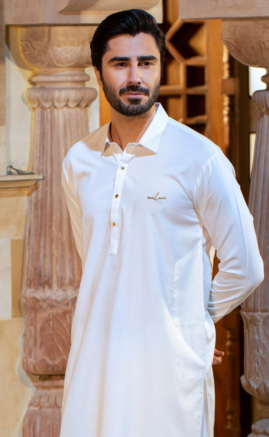 Signature Xmilano Logo Stitched Shalwar Kameez - Off White