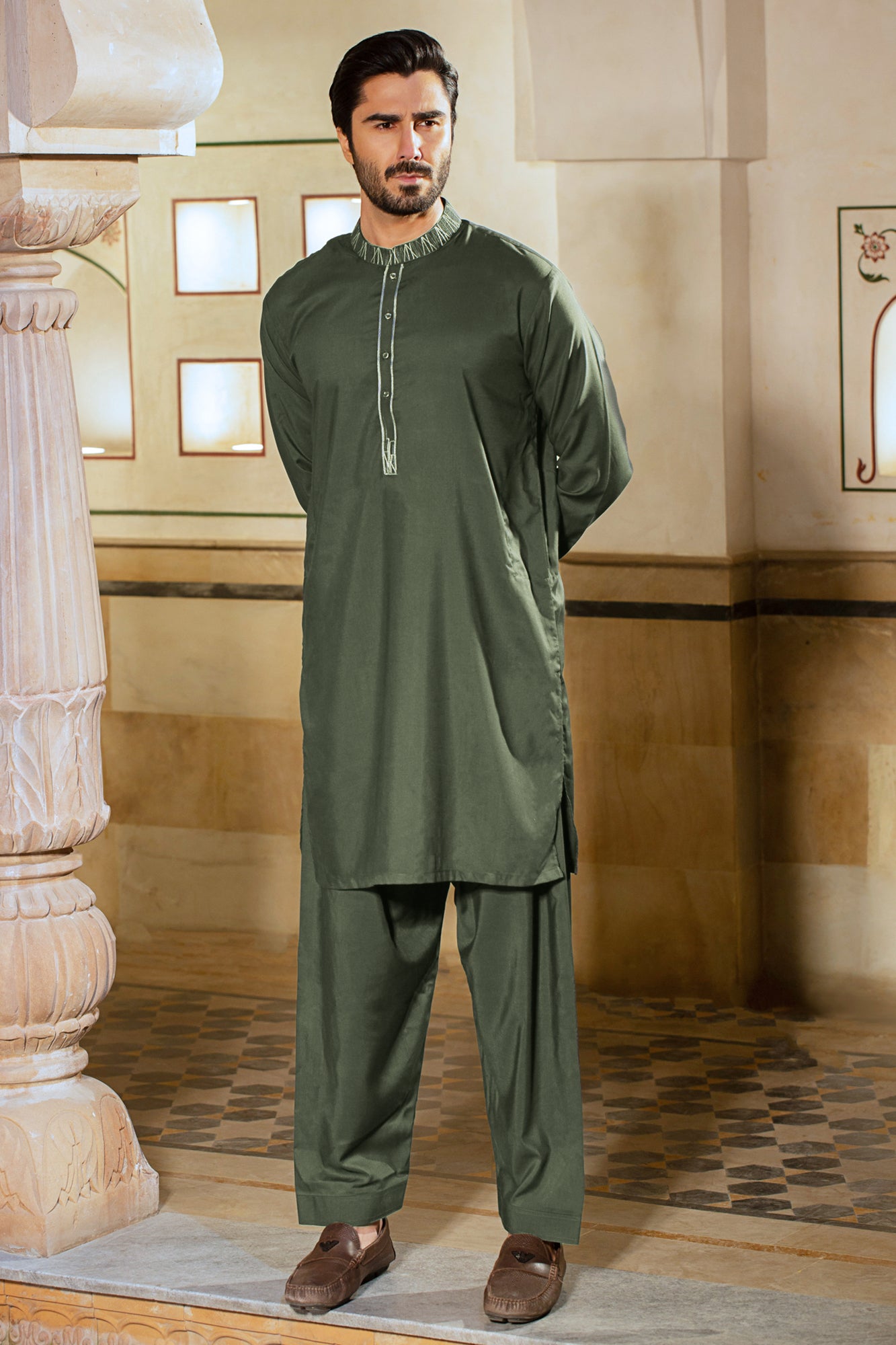 MUGHAL E AZAM Embroidery COLLECTION STITCHED SHALWAR WITH KAMEEZ - Olive