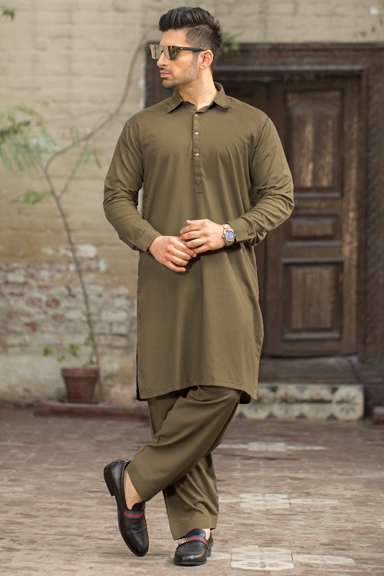Stitched Shalwar with Kameez with Collar All Season - Chocolate Brown