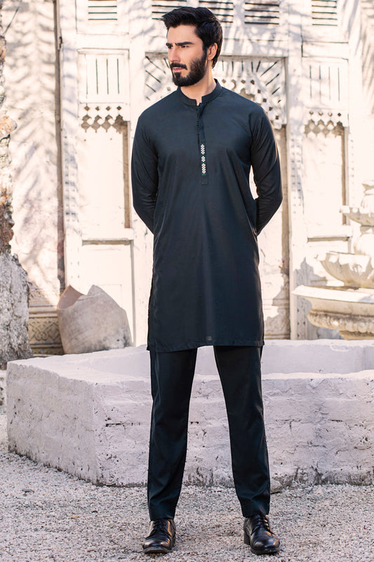 Embroidered Stitched Suit - Navy