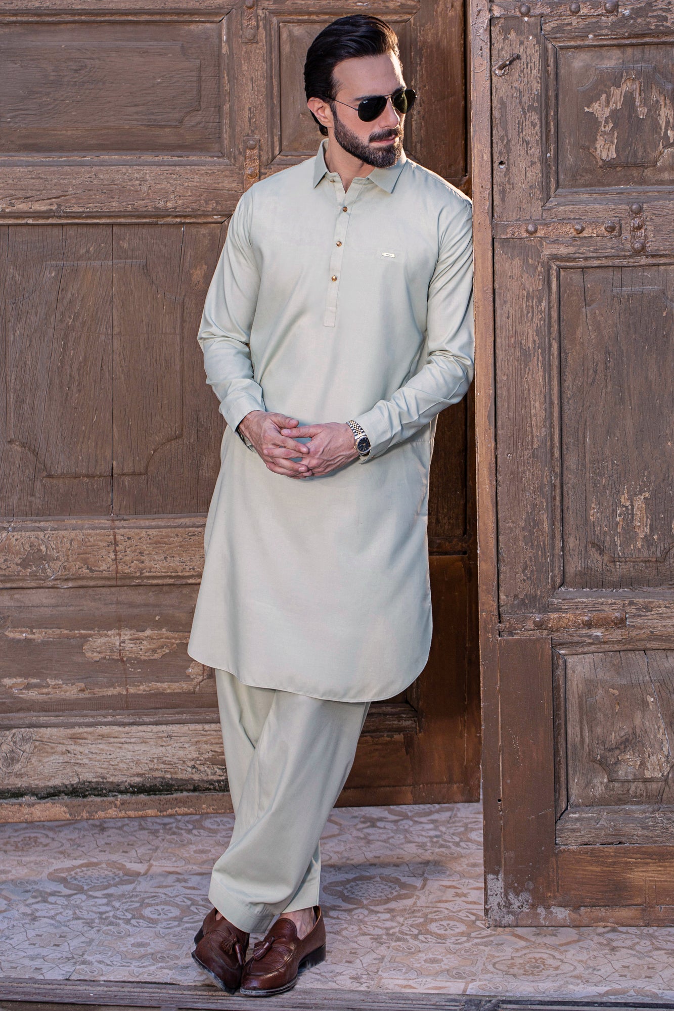 Shalwar Kameez with French Collar and Laser Logo - Rich Cream