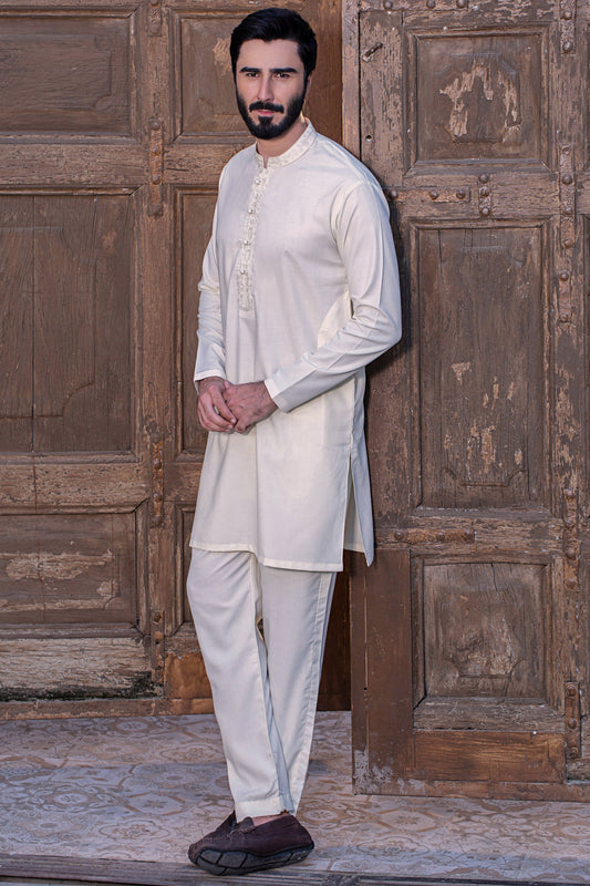 TAJ EMBROIDERED STITCHED SUIT - Egg White