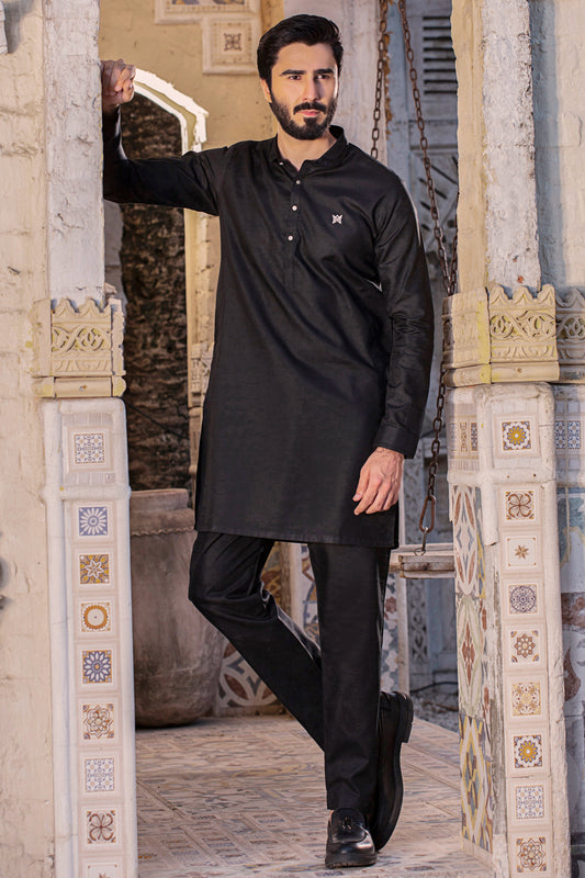 Shine Black Stitched Suit with 3D Metal Button - Black