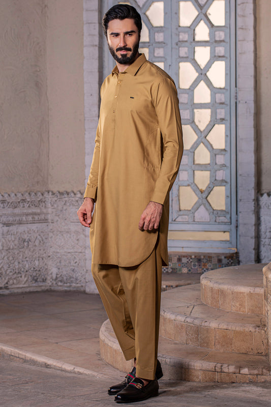 SHALWAR KAMEEZ WITH FRENCH COLLAR AND LASER LOGO - Camel