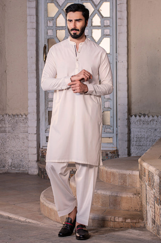 NAWABI METAL GLASS BUTTON STITCHED SUIT WITH SHALWAR - White