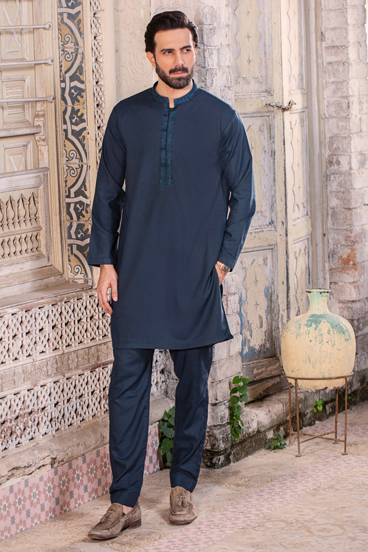 Taj Embroidered Stitched Suit - Navy