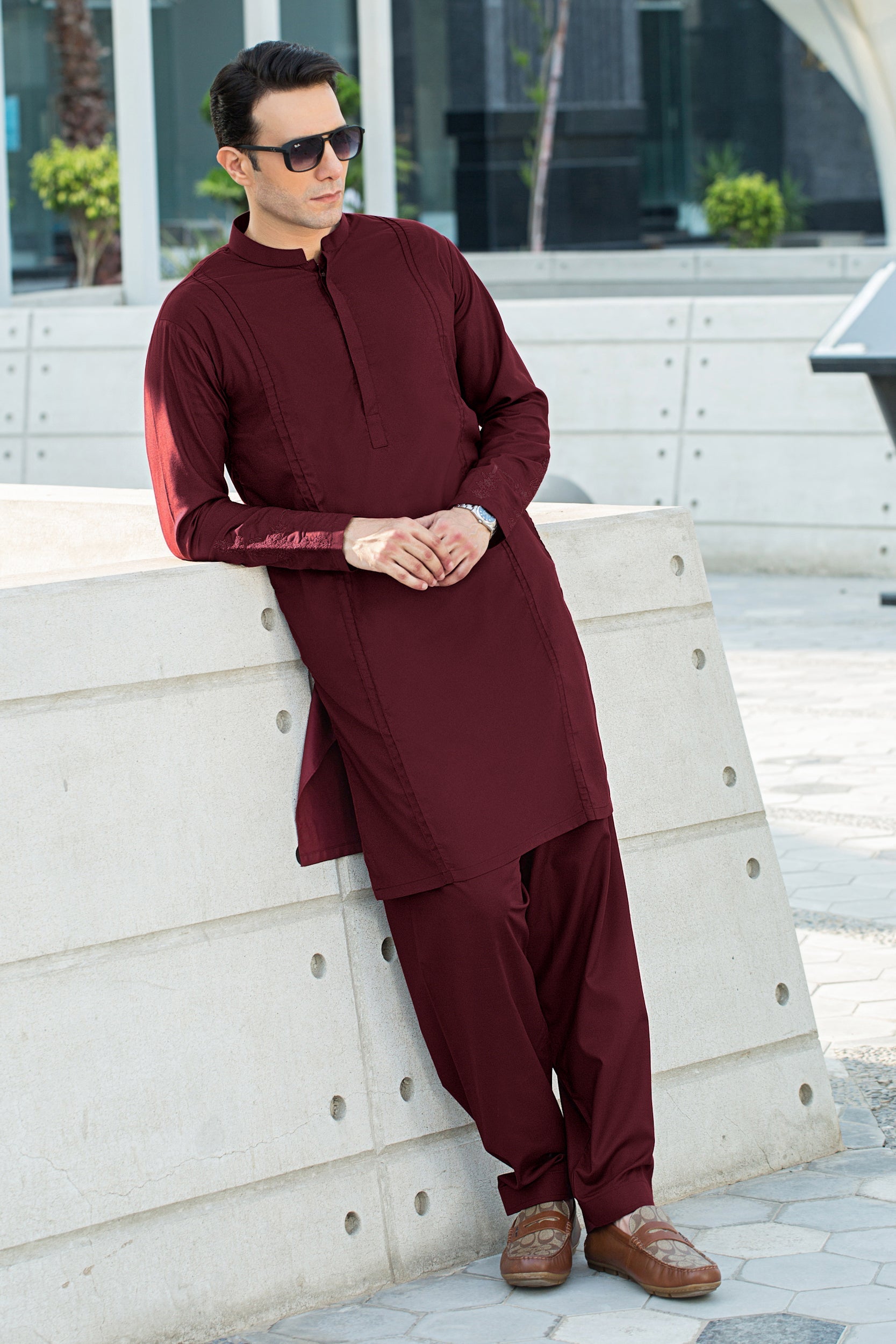 Royal Embroidered Collection Stitched Shalwar with Kameez - Dark Wine