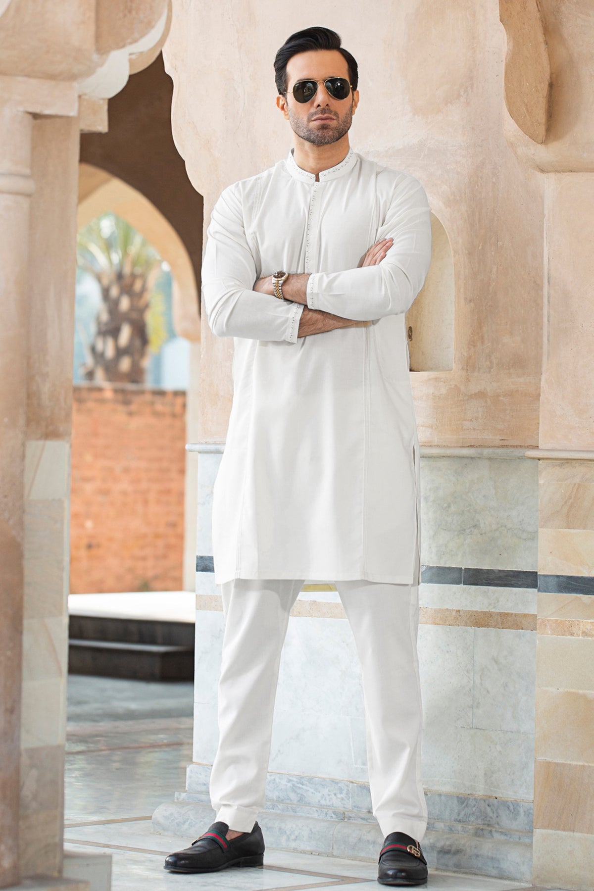 Kin Neck Ban Egg-White embroidery neck ban sleeve with ankara stitch front – xMilano