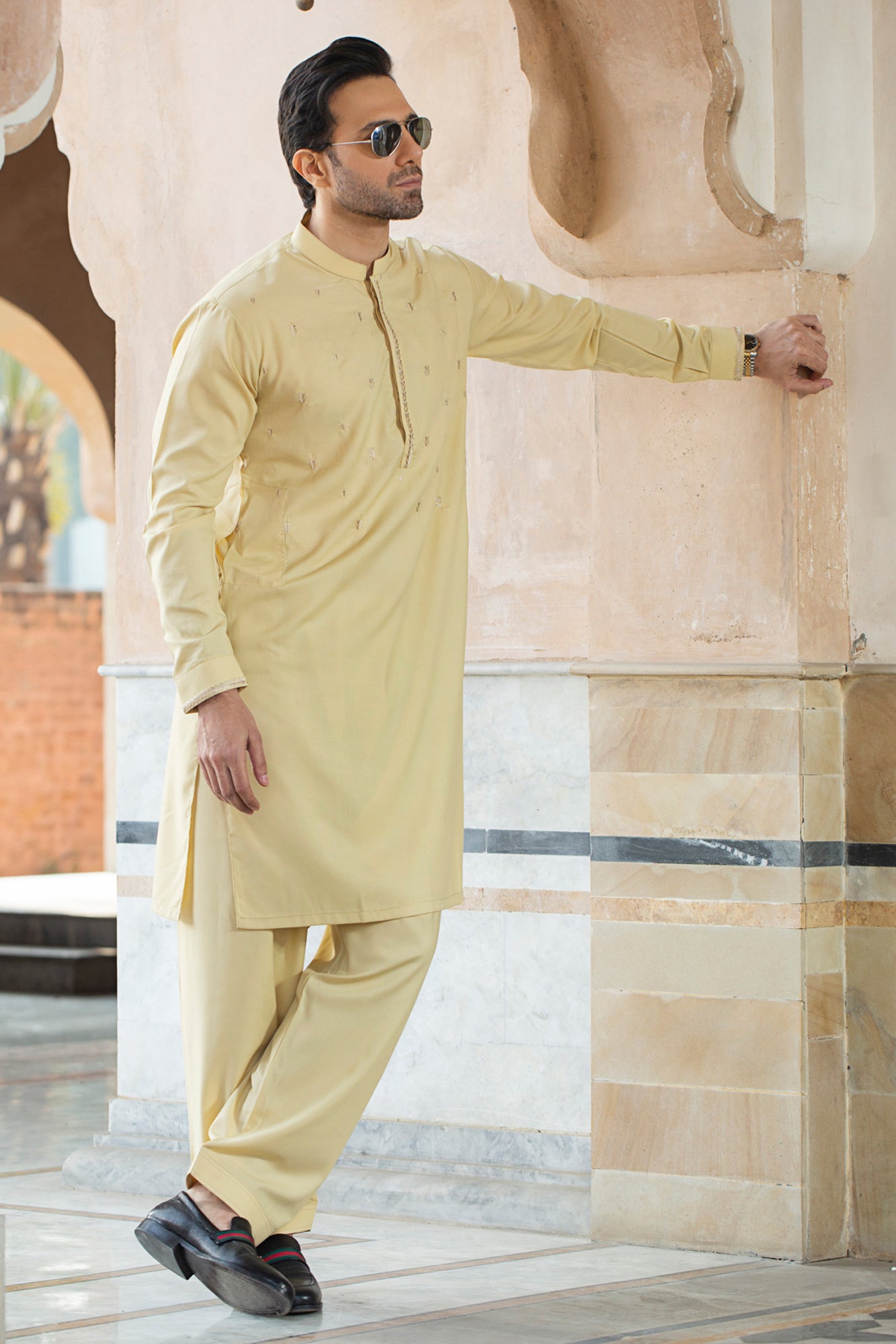Allover Leaf embroidery with Gumpatti Stitched Suit - Cream