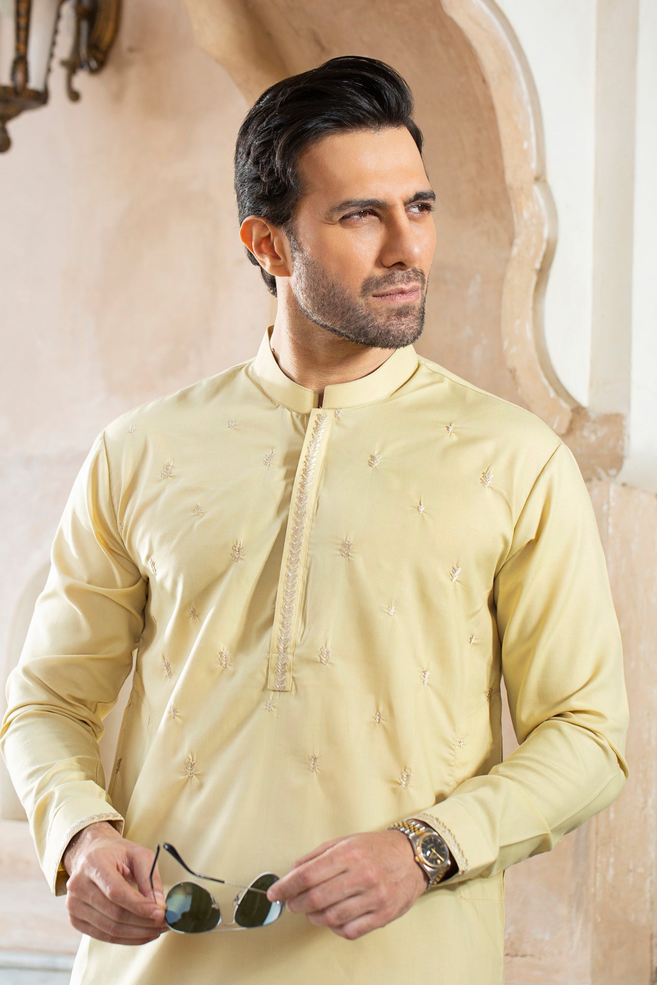 Allover Leaf embroidery with Gumpatti Stitched Suit - Cream