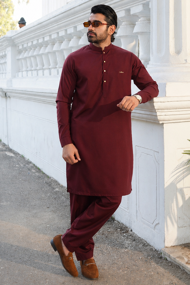 Stitched 3d Badge collection shalwar kameez -Wine