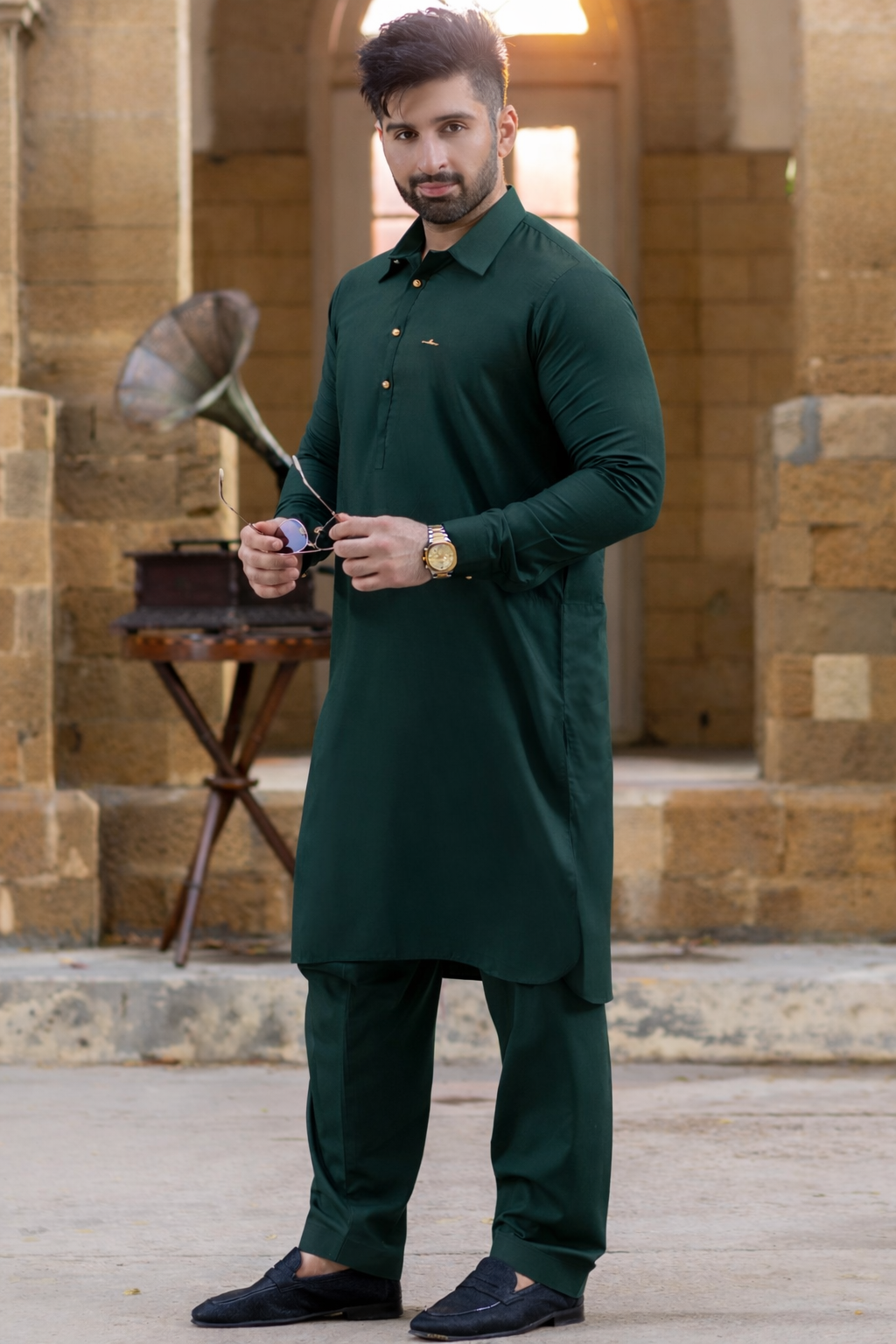 Stitched Shalwar Kameez with French Collar & Gol Gehra - Teal Green