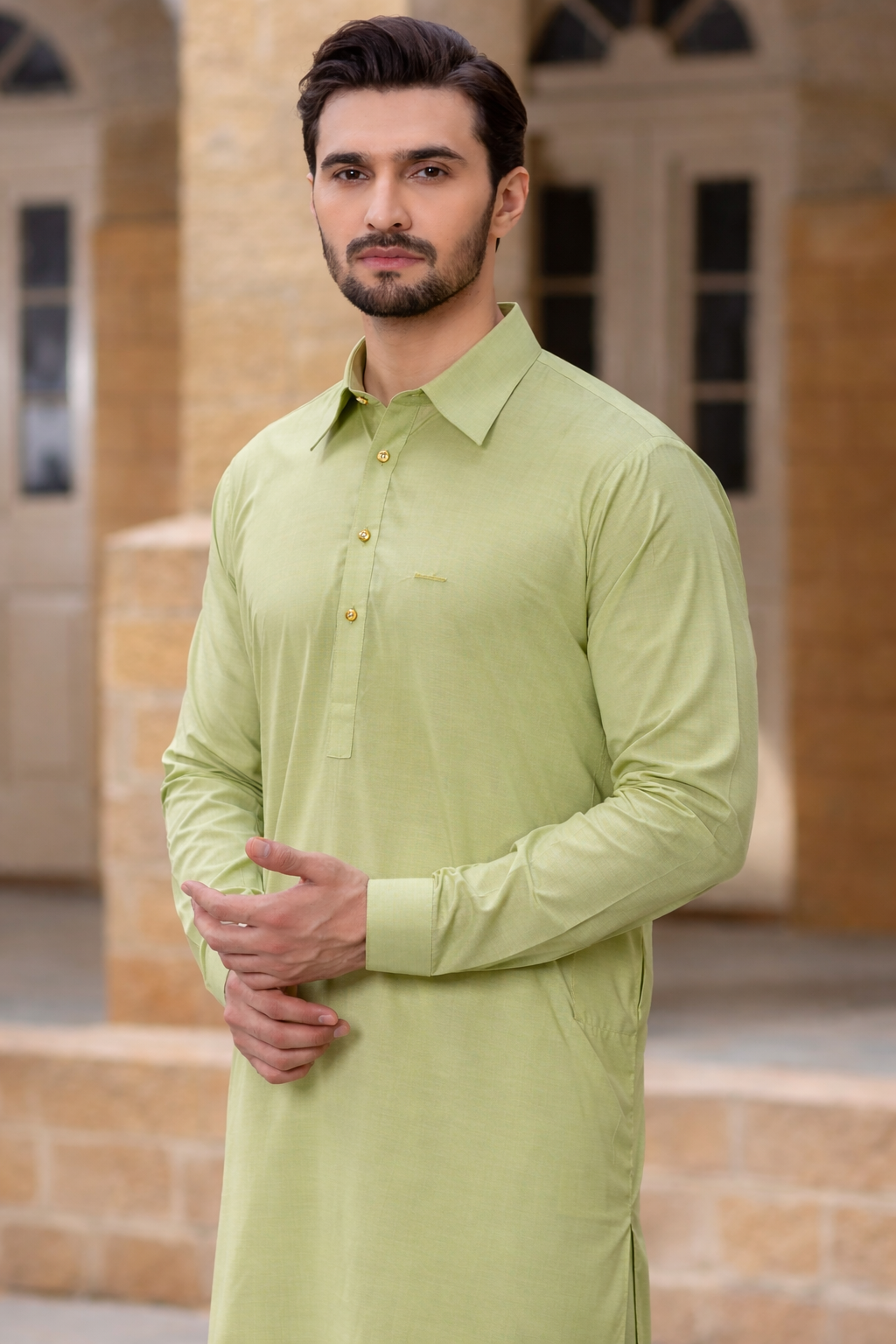 Italian collar Shalwar Kameez with signature badge-Pista