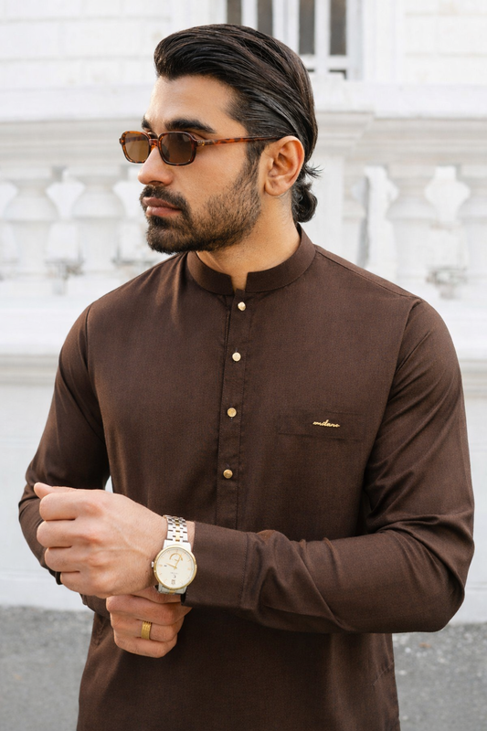 Stitched 3d Badge collection shalwar kameez -Chocolate Brown