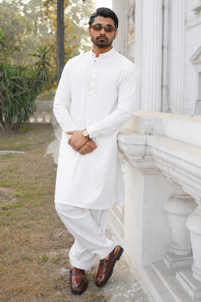 Stitched Royal Anker Shalwar Kameez Suit - Egg white