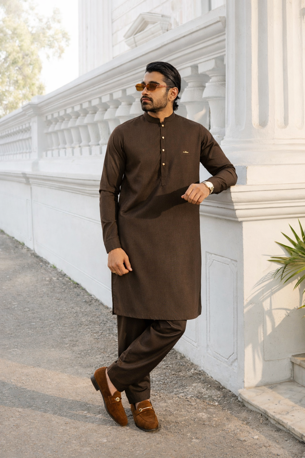 Stitched 3d Badge collection shalwar kameez -Chocolate Brown