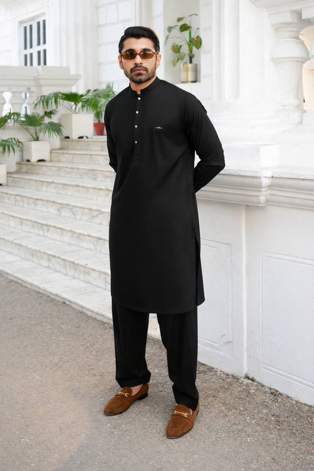 Stitched 3d Badge collection shalwar kameez - Black