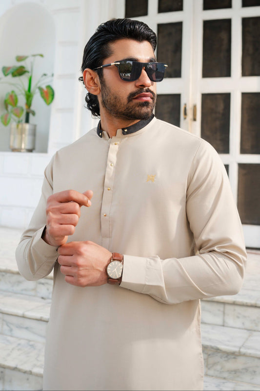 Velvet double ban & golden logo Kurta Trouser-Rich cream