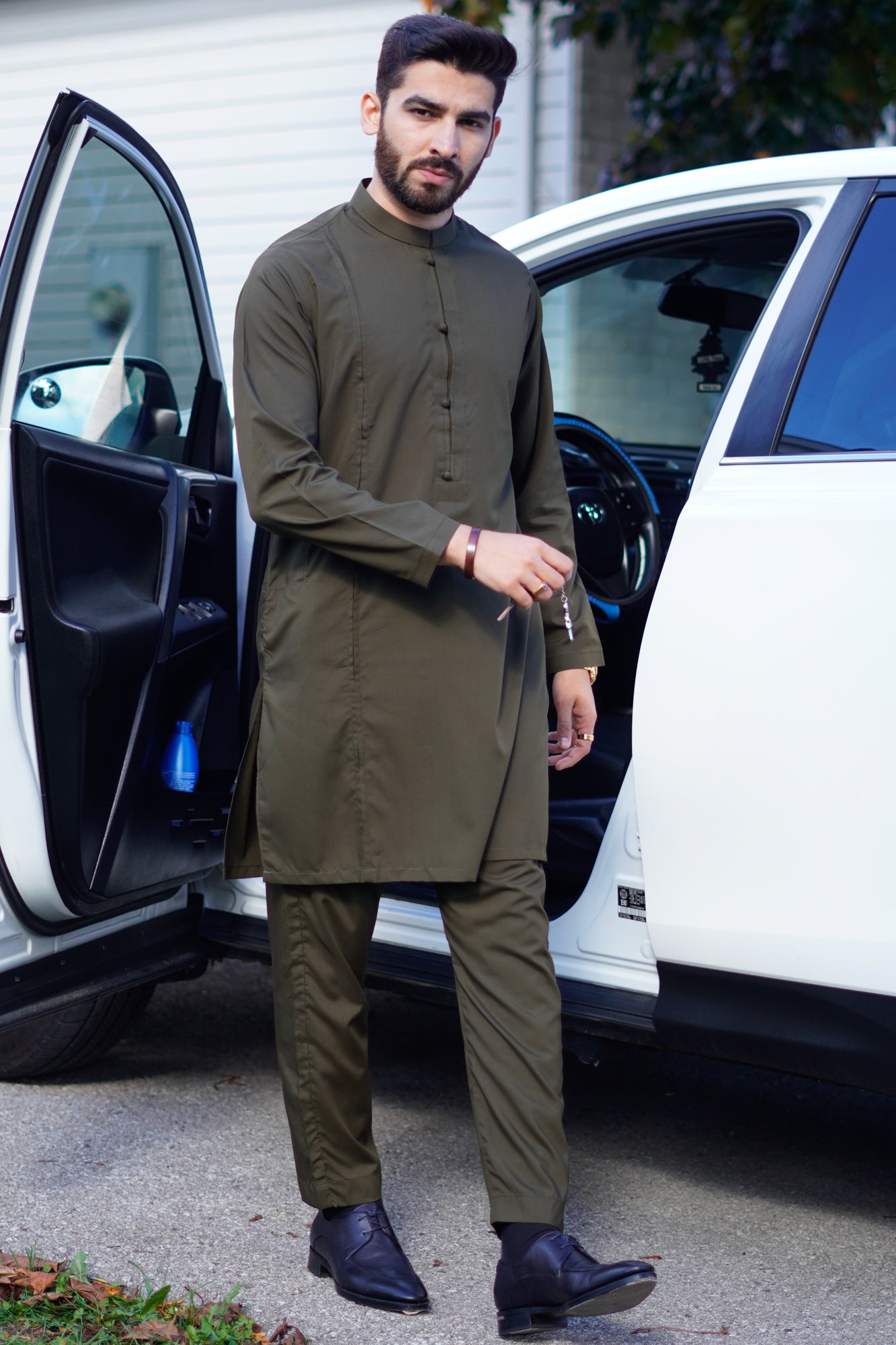 Stitched Nawab Kurta Trouser Suit - Olive