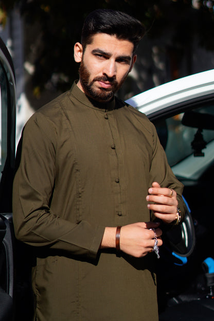 Stitched Nawab Kurta Trouser Suit - Olive