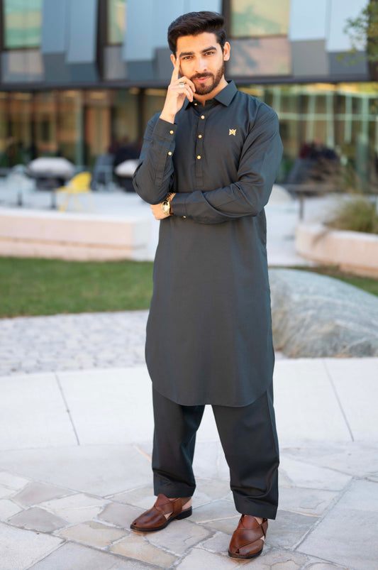 Stitched Suit with French Collar Shalwar - Seagreen