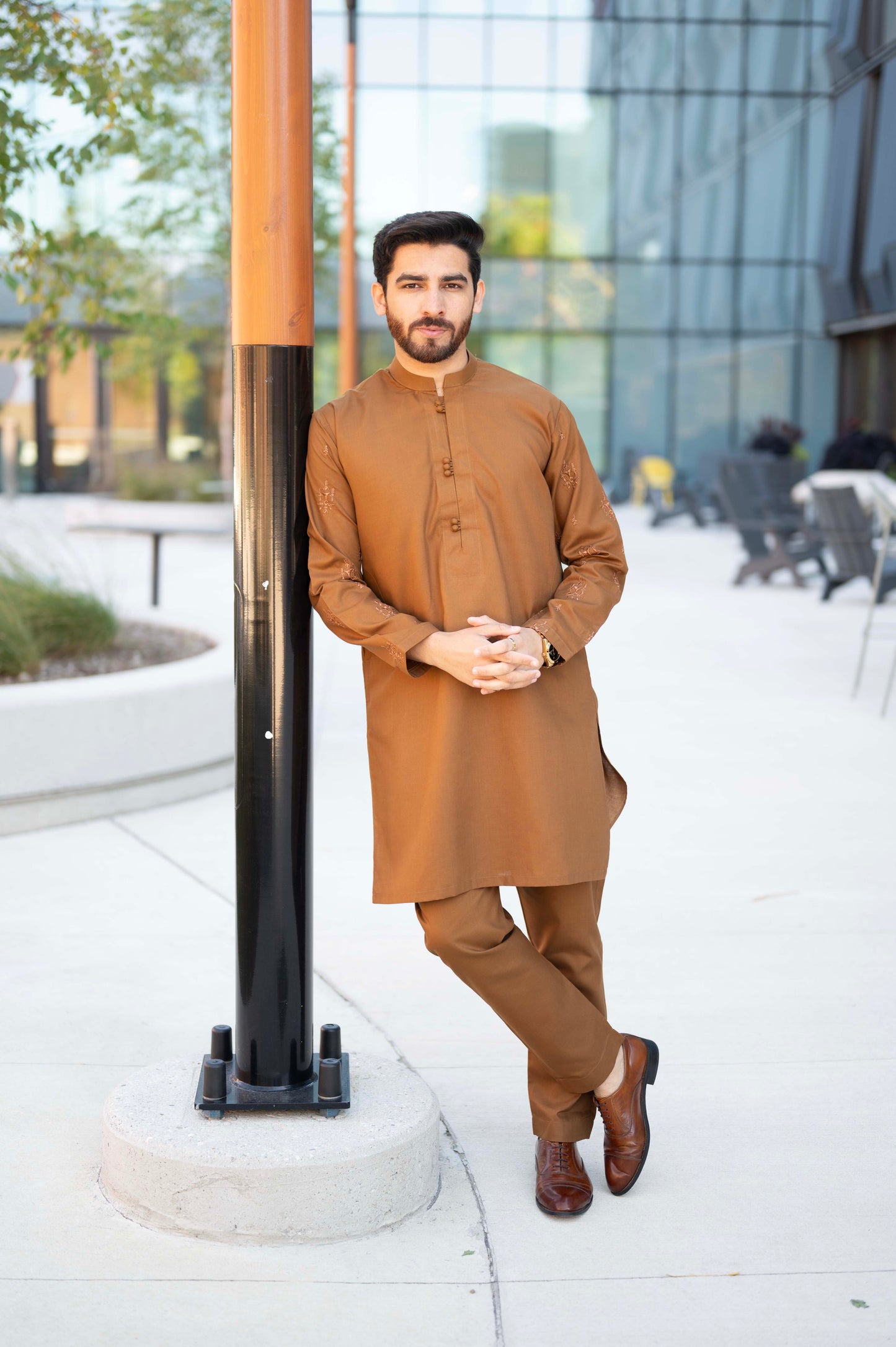 Embroidered Stiched Suit with Trouser - Camel