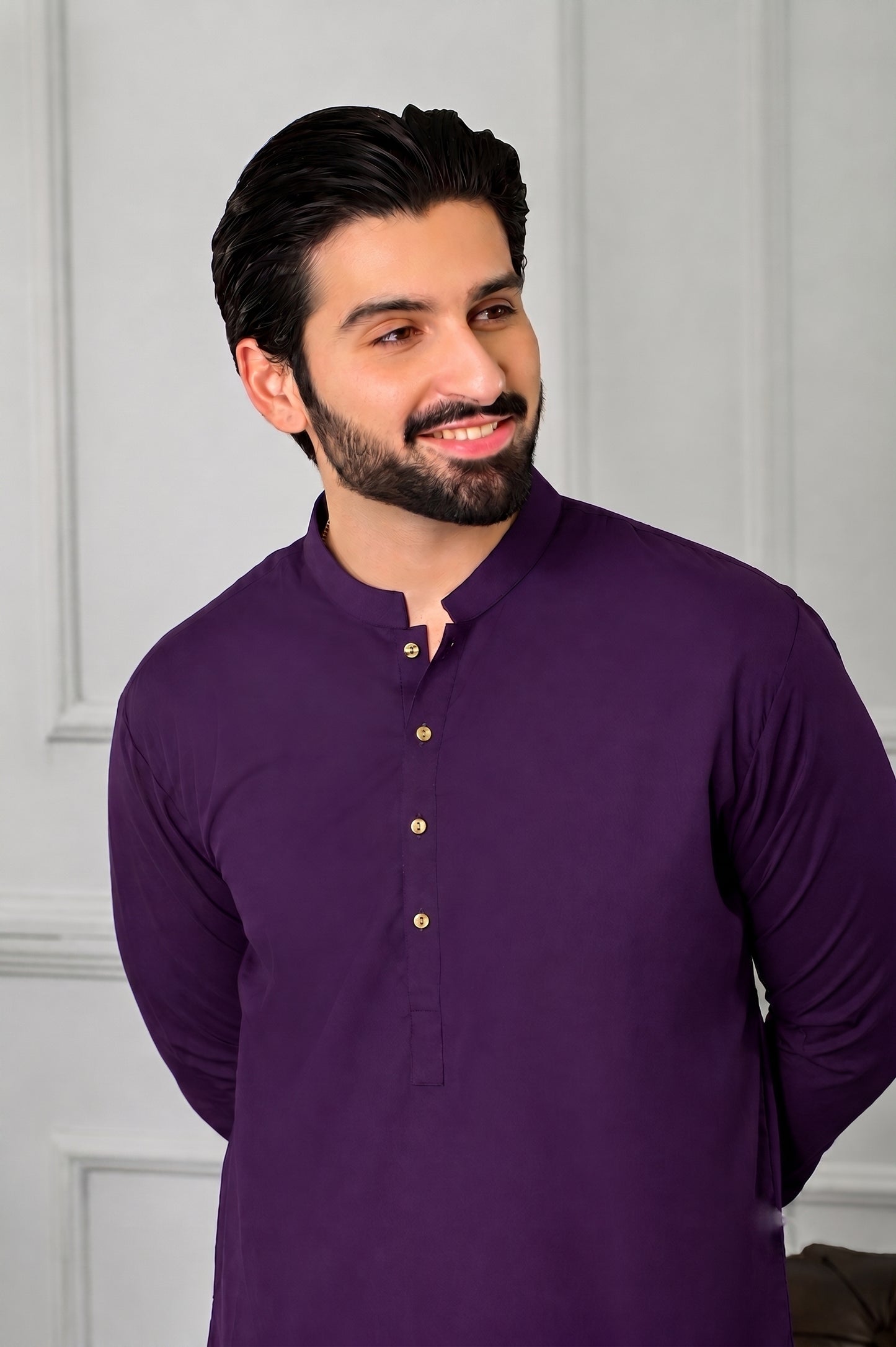 Festive Collection Stitched All Season Blended Kurta Trouser with  Ban Suit - Purple