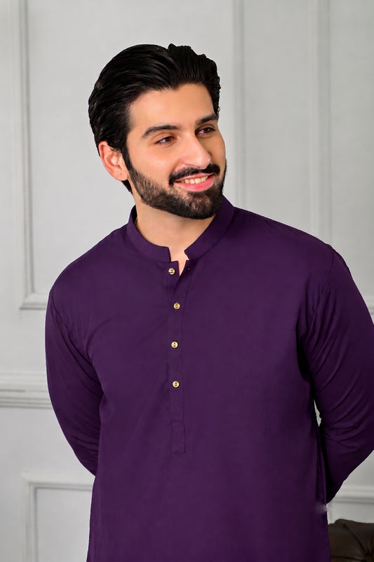 Festive Collection Stitched All Season Blended Kurta Trouser with  Ban Suit - Purple