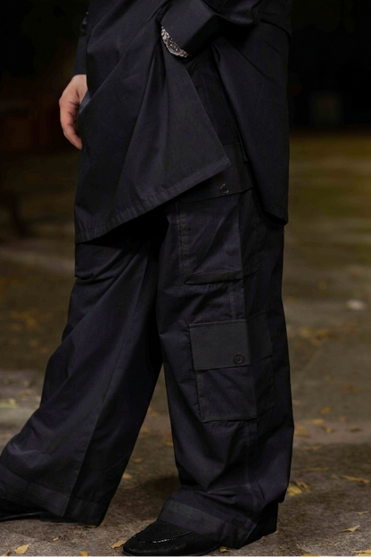 Stitched Nawabi Cargo Cotton Latha Suit - Black