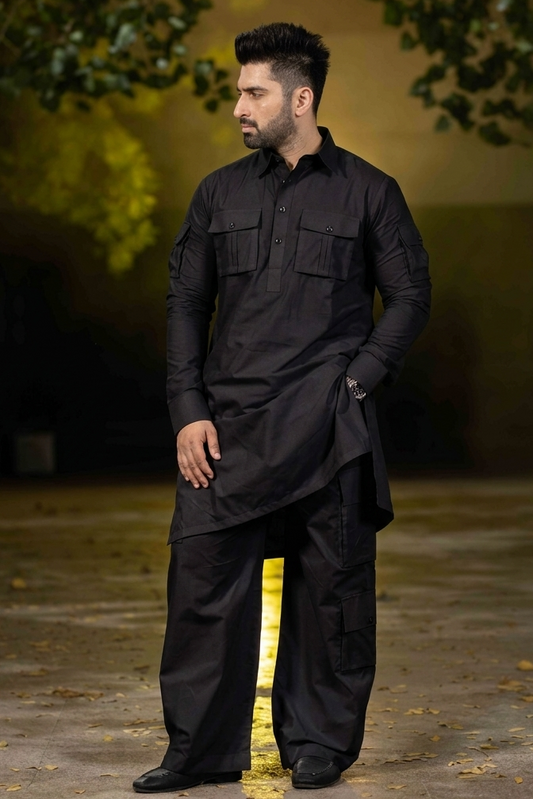 Stitched Nawabi Cargo Cotton Latha Suit - Black
