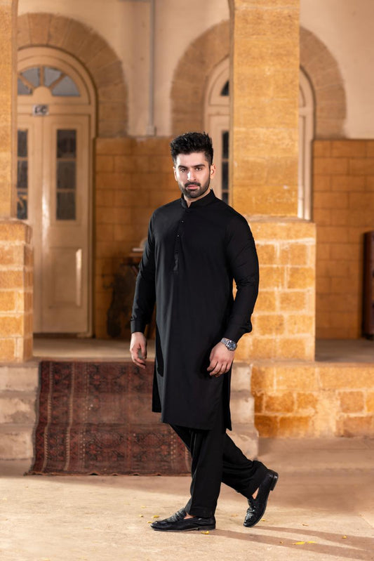 Black standing long heighted ban kameez with matching button