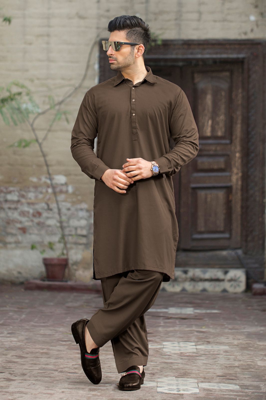 Stitched Shalwar with Kameez with Collar All Season - Chocolate Brown