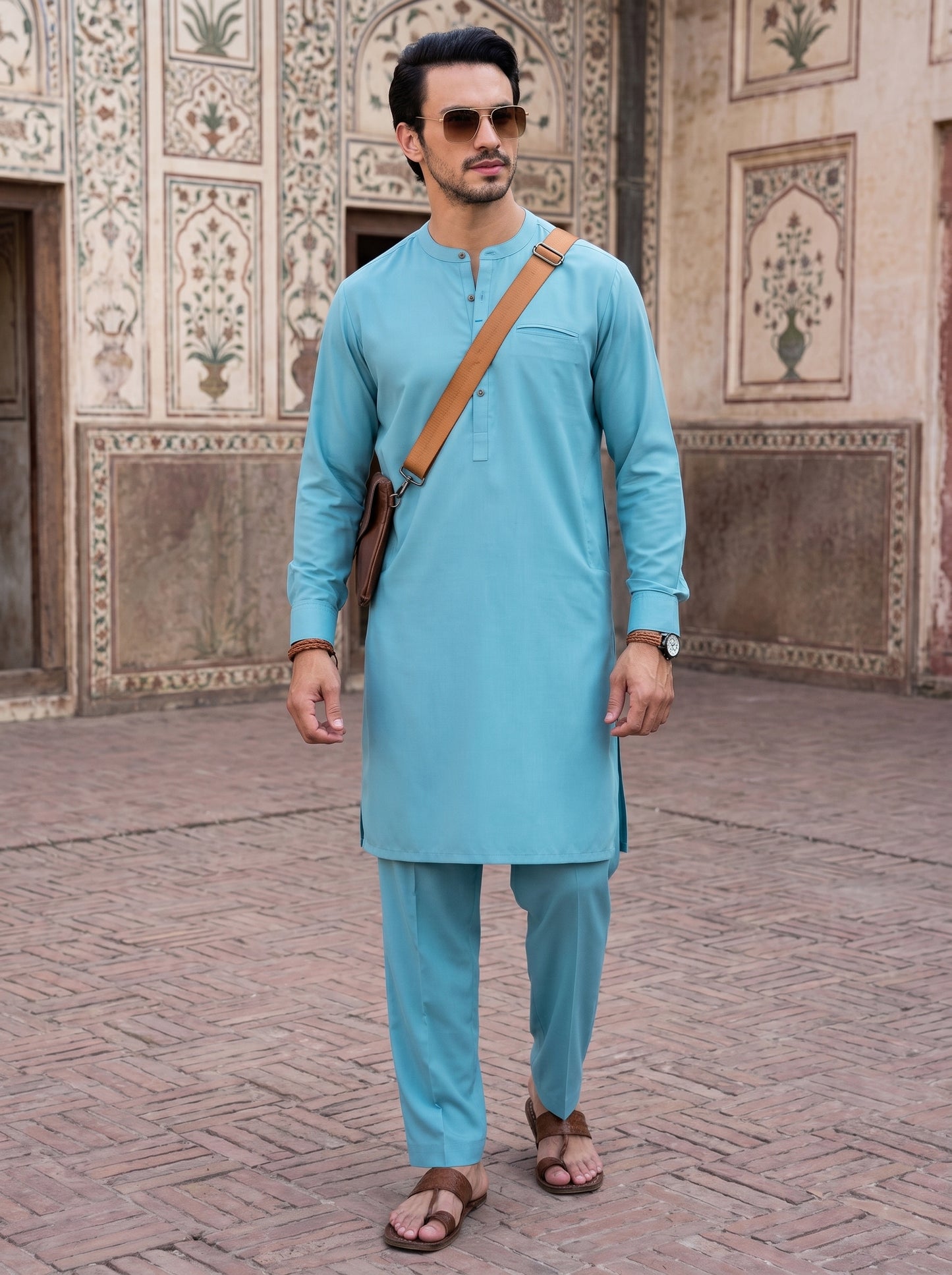 Stitched Kurta trouser with Fshion patti and Pocket-Aqua Blue