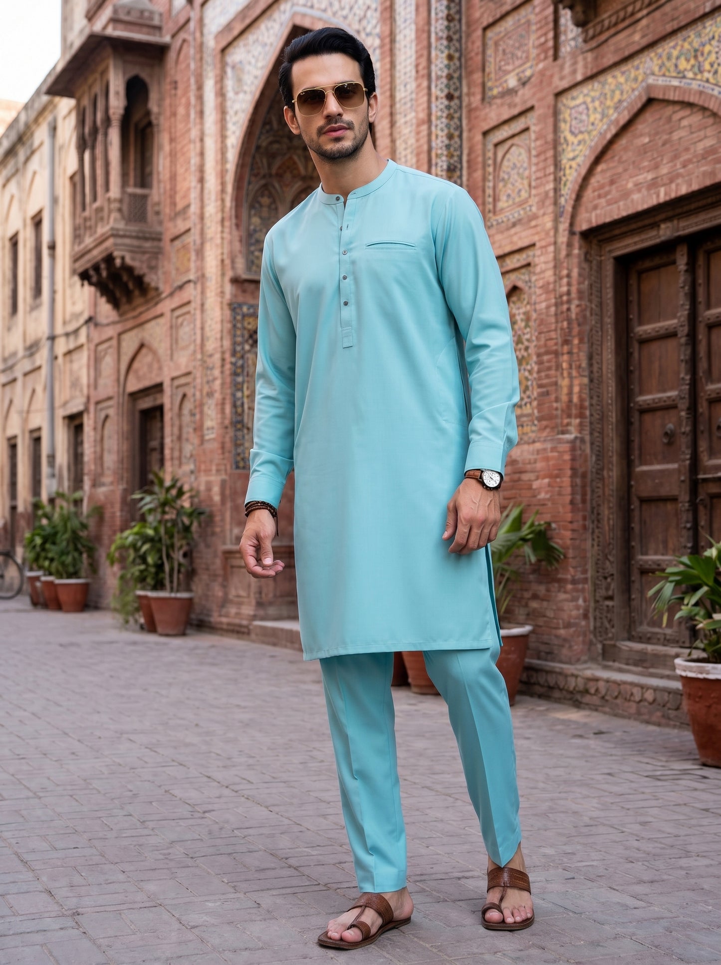 Stitched Kurta trouser with Fshion patti and Pocket-Aqua Blue