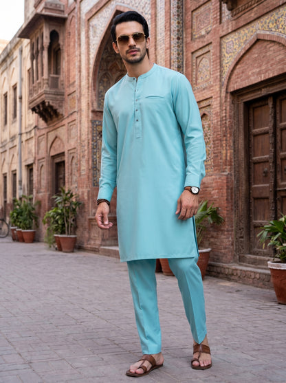 Stitched Kurta trouser with Fshion patti and Pocket-Aqua Blue