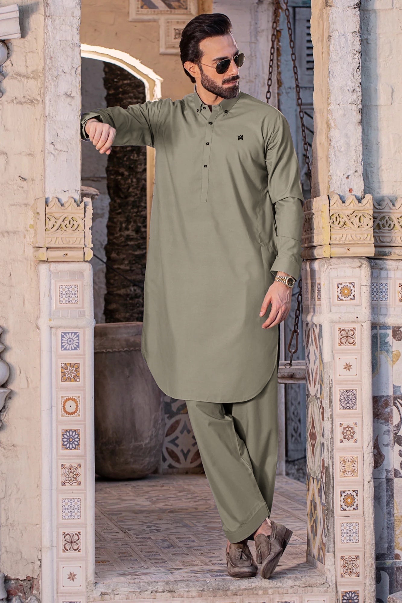 BUTTON DOWN STITCHED SUIT WITH SHALWAR - Ashgrey