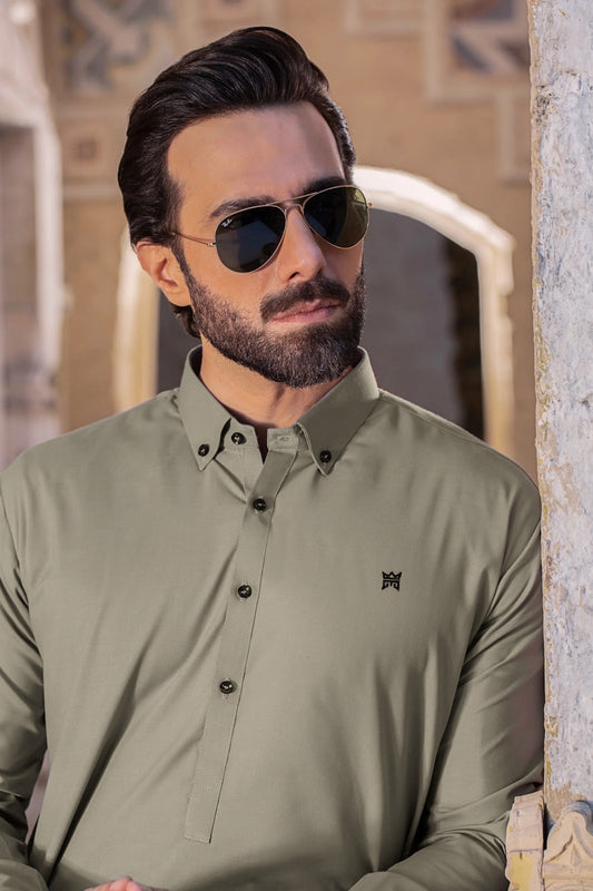 BUTTON DOWN STITCHED SUIT WITH SHALWAR - Ashgrey