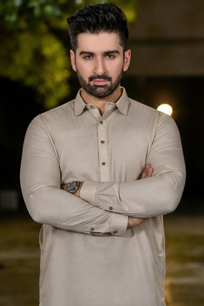 Diamond collar Shalwar Kameez-Rich cream