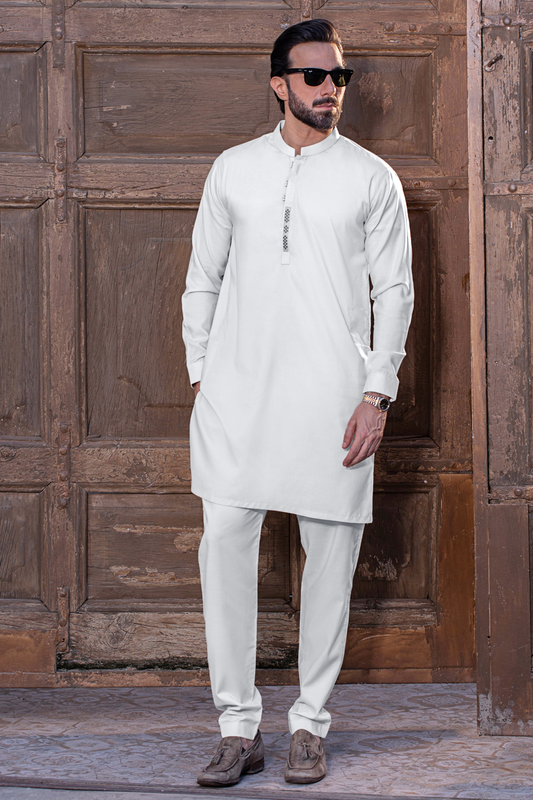 Embroidered Royal Stitched Suit with Shalwar - White