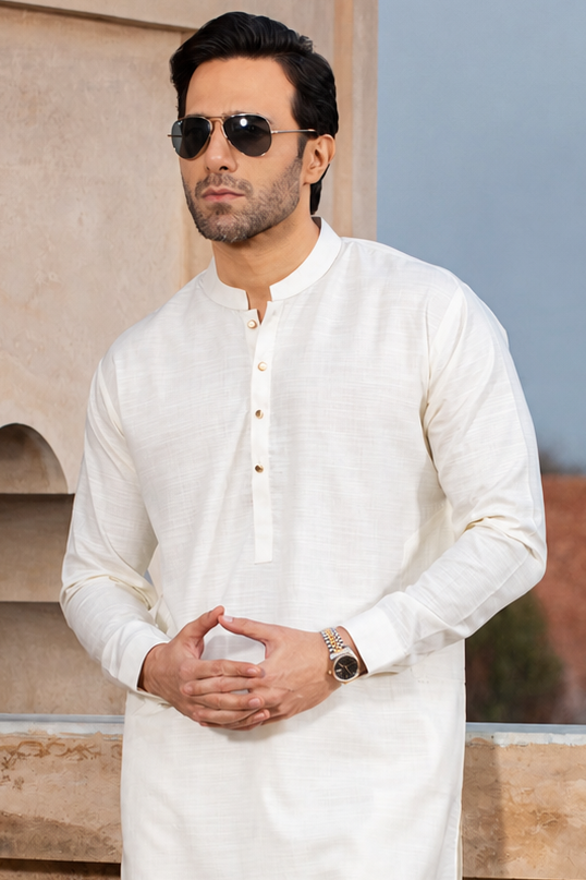 FESTIVE COLLECTION SLUB STITCHED SUIT - EGG WHITE