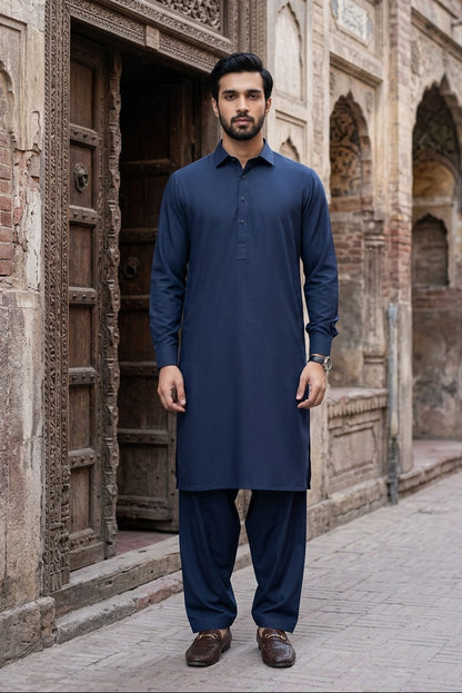 Stitched Shalwar Kameez with French Collar -Navy